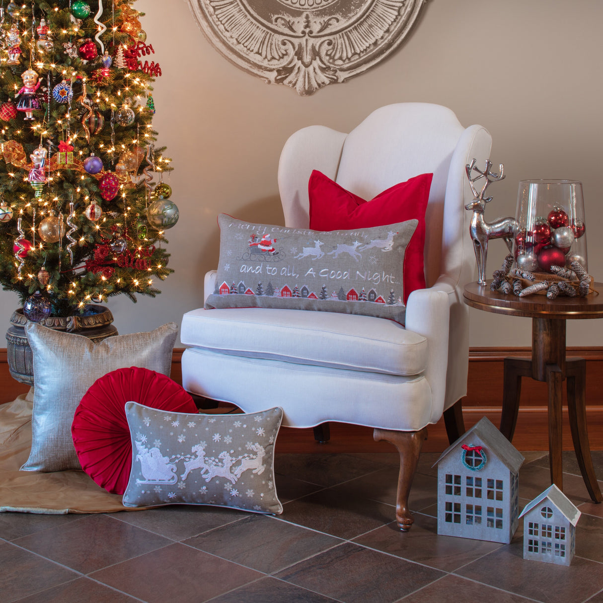 Pillow Perfect Indoor Santa Sleigh & Reindeers Christmas Gray Rectangular Throw Pillow, 12 X 18 X 5