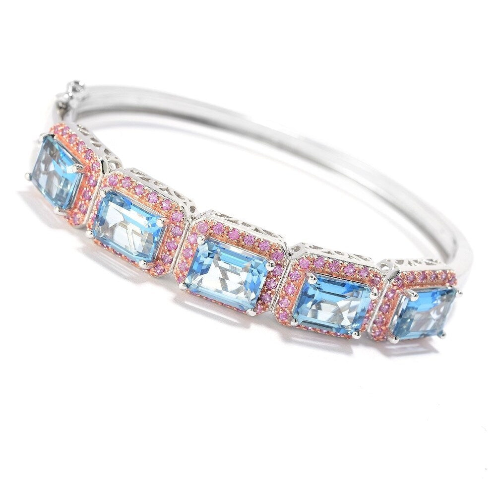 Sterling Silver Two-tone 14.3ctw Aquamarine Blue Topaz & Pink Sapphire Bracelet