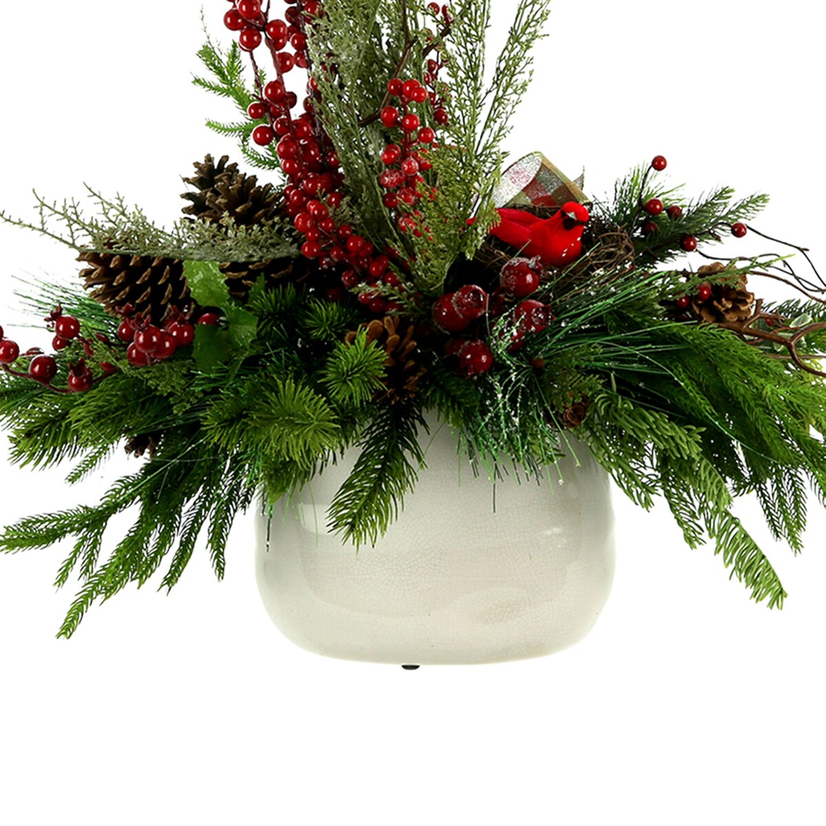 Pine and Berry Holiday Arrangement with Bird Nest in Ceramic Pot - Red, Green, White - 33Hx31Wx18D