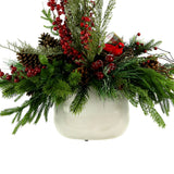 Pine and Berry Holiday Arrangement with Bird Nest in Ceramic Pot - Red, Green, White - 33Hx31Wx18D