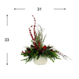Pine and Berry Holiday Arrangement with Bird Nest in Ceramic Pot - Red, Green, White - 33Hx31Wx18D