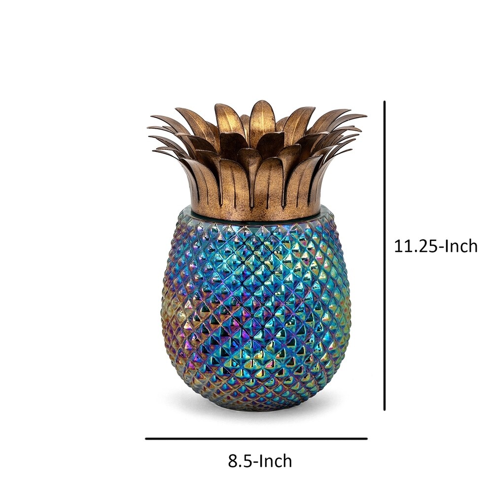 Pineapple Shaped Glass and Iron Hurricane with Spiked Details, Multicolor, Large