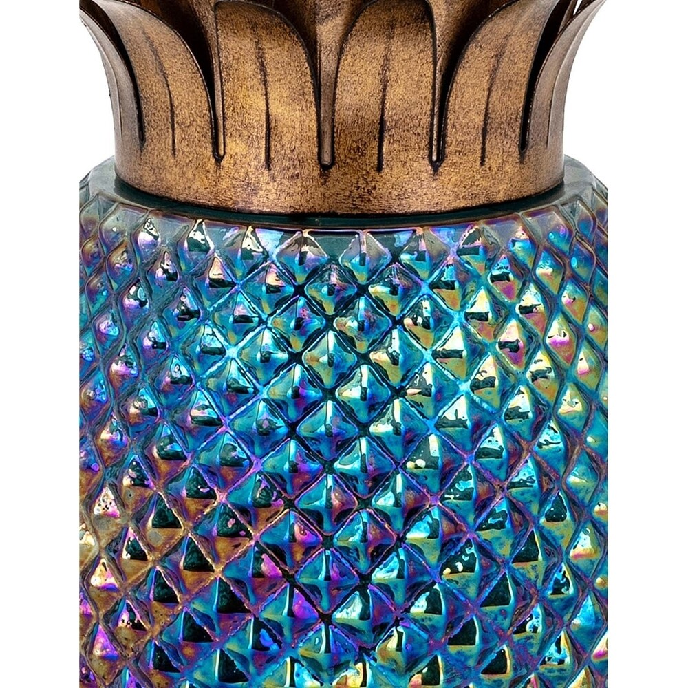 Pineapple Shaped Glass and Iron Hurricane with Spiked Details, Multicolor, Large