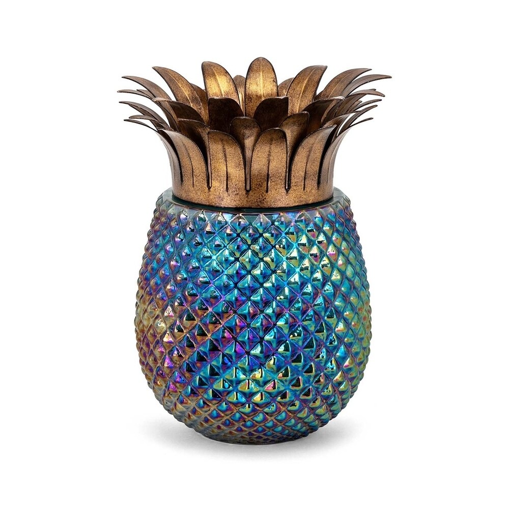 Pineapple Shaped Glass and Iron Hurricane with Spiked Details, Multicolor, Large