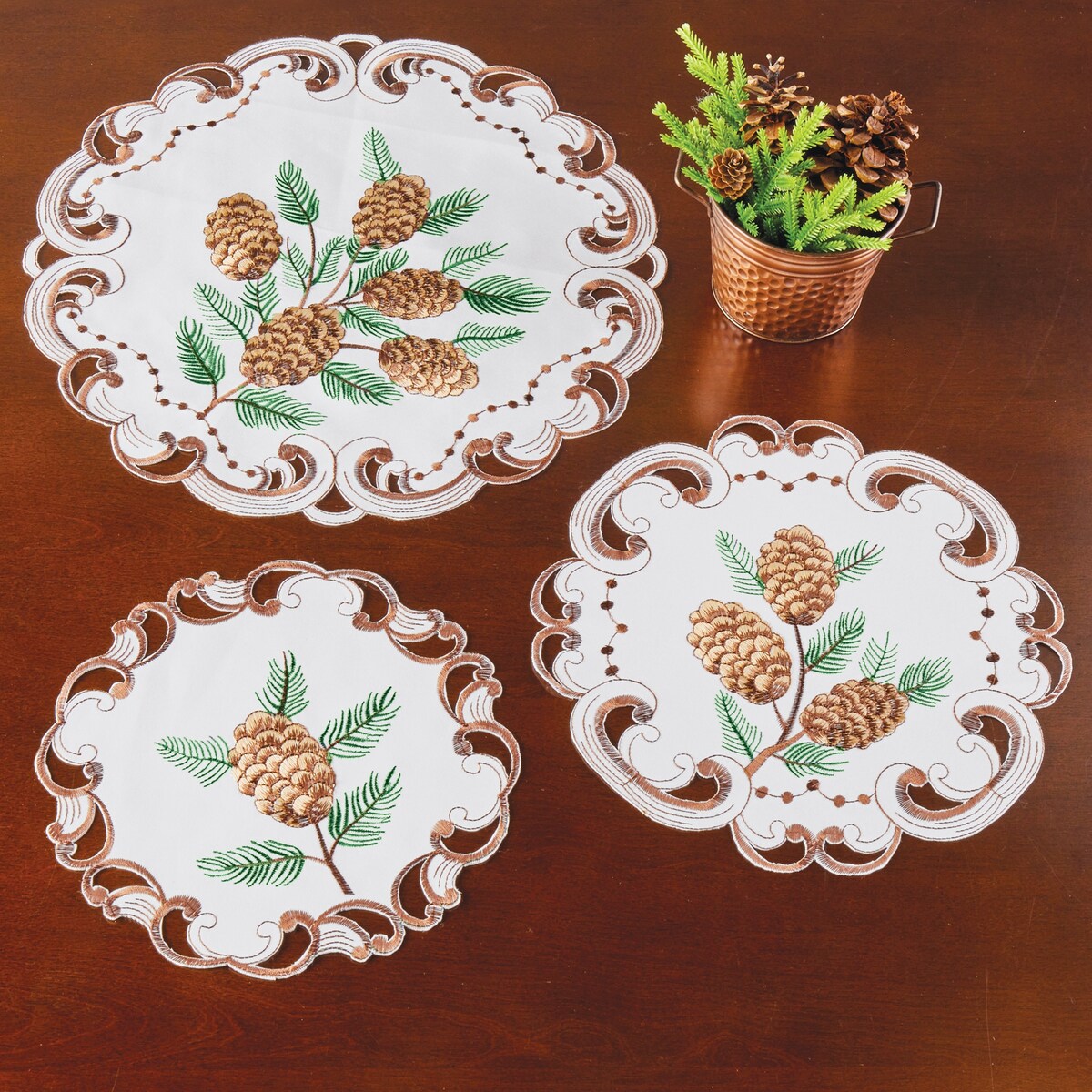 Embroidered Pinecone Cutwork Table Linens