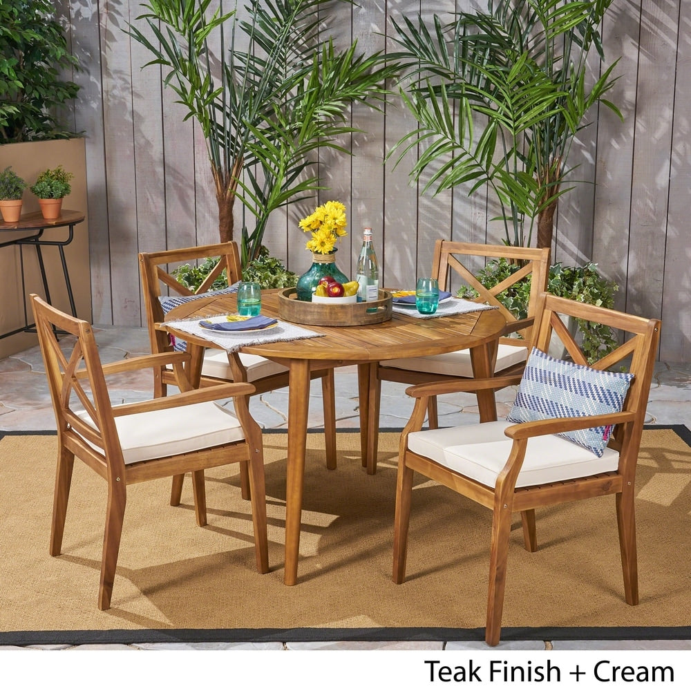 Pines Outdoor 5 Piece Acacia Wood Dining Set with Cushions by Christopher Knight Home
