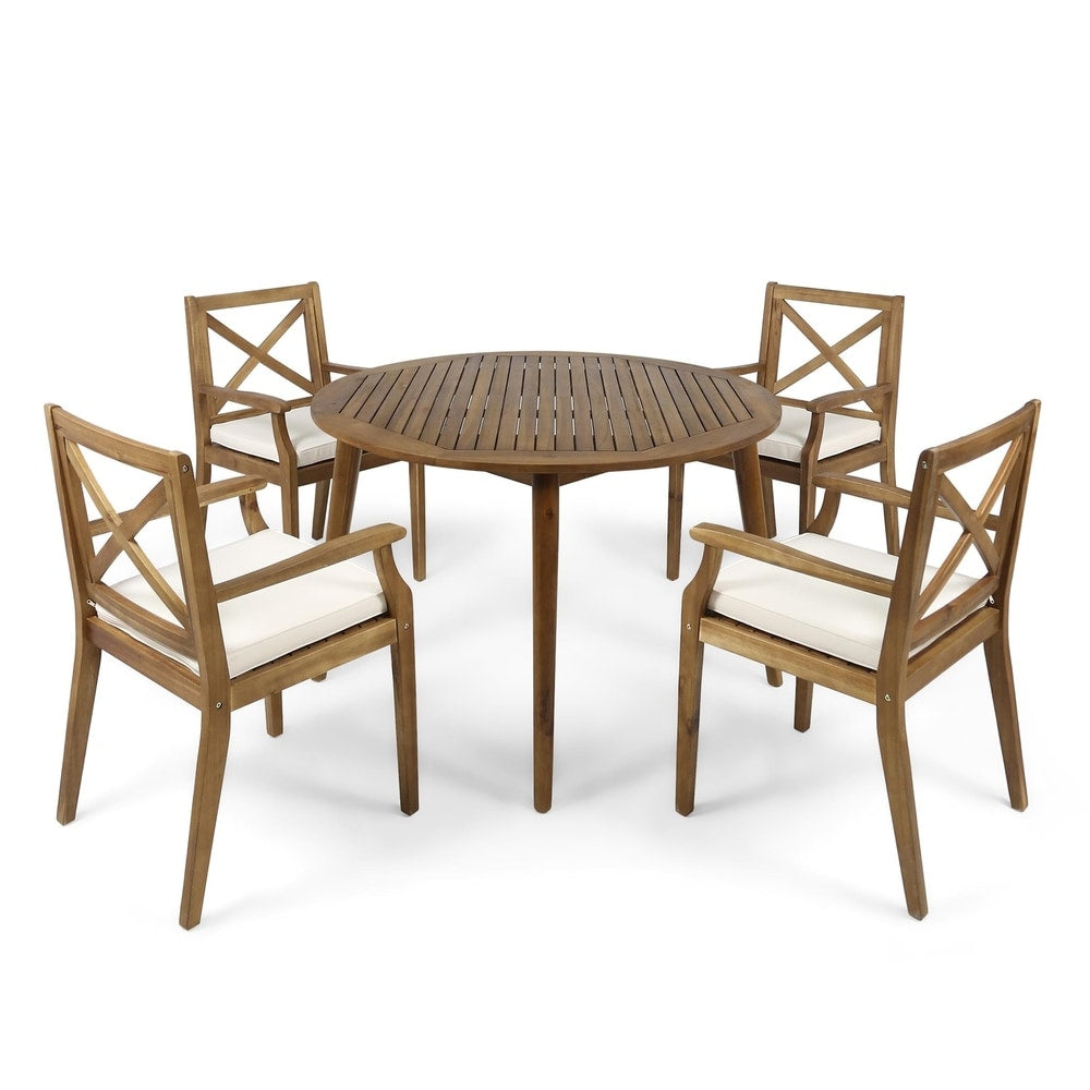 Pines Outdoor 5 Piece Acacia Wood Dining Set with Cushions by Christopher Knight Home