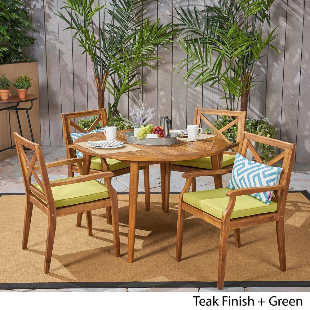 Pines Outdoor 5 Piece Acacia Wood Dining Set with Cushions by Christopher Knight Home