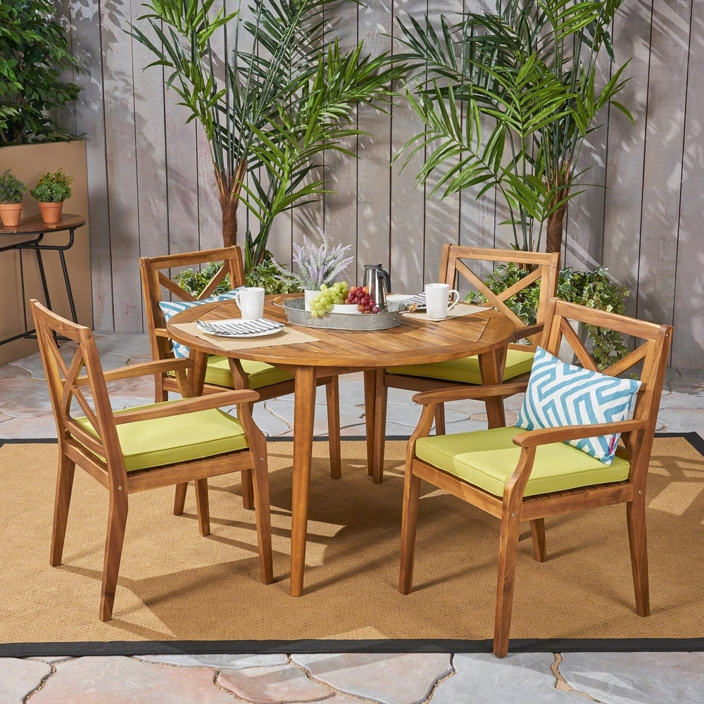 Pines Outdoor 5 Piece Acacia Wood Dining Set with Cushions by Christopher Knight Home