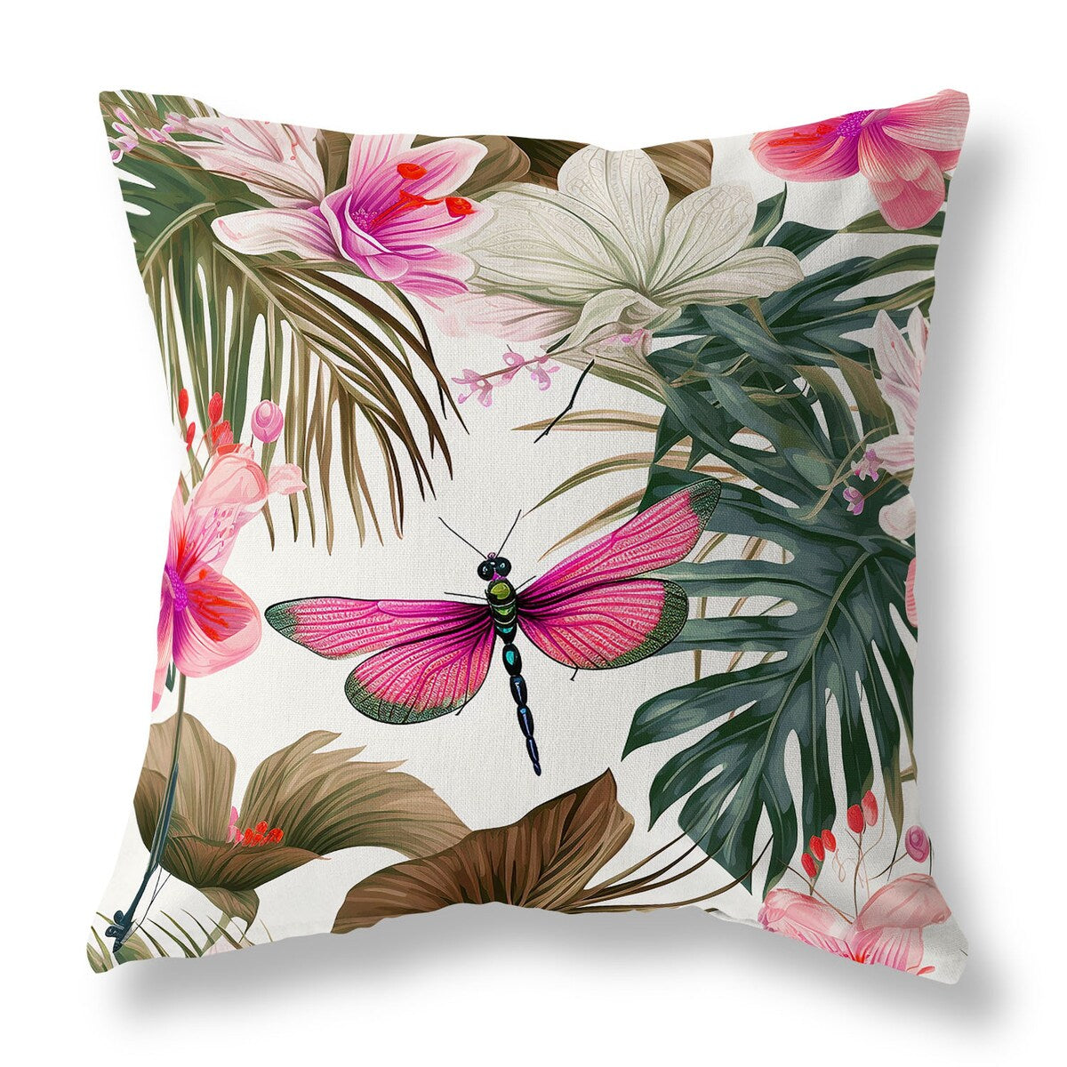 Pink And Green Dragonfly Dreamscape Indoor/Outdoor Throw Pillow Zipper