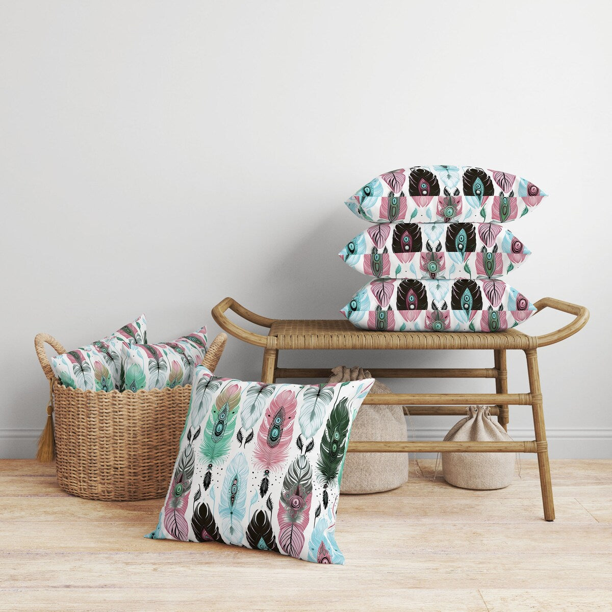 Pink And Green Feathered Treasure Faux Suede Throw Pillow