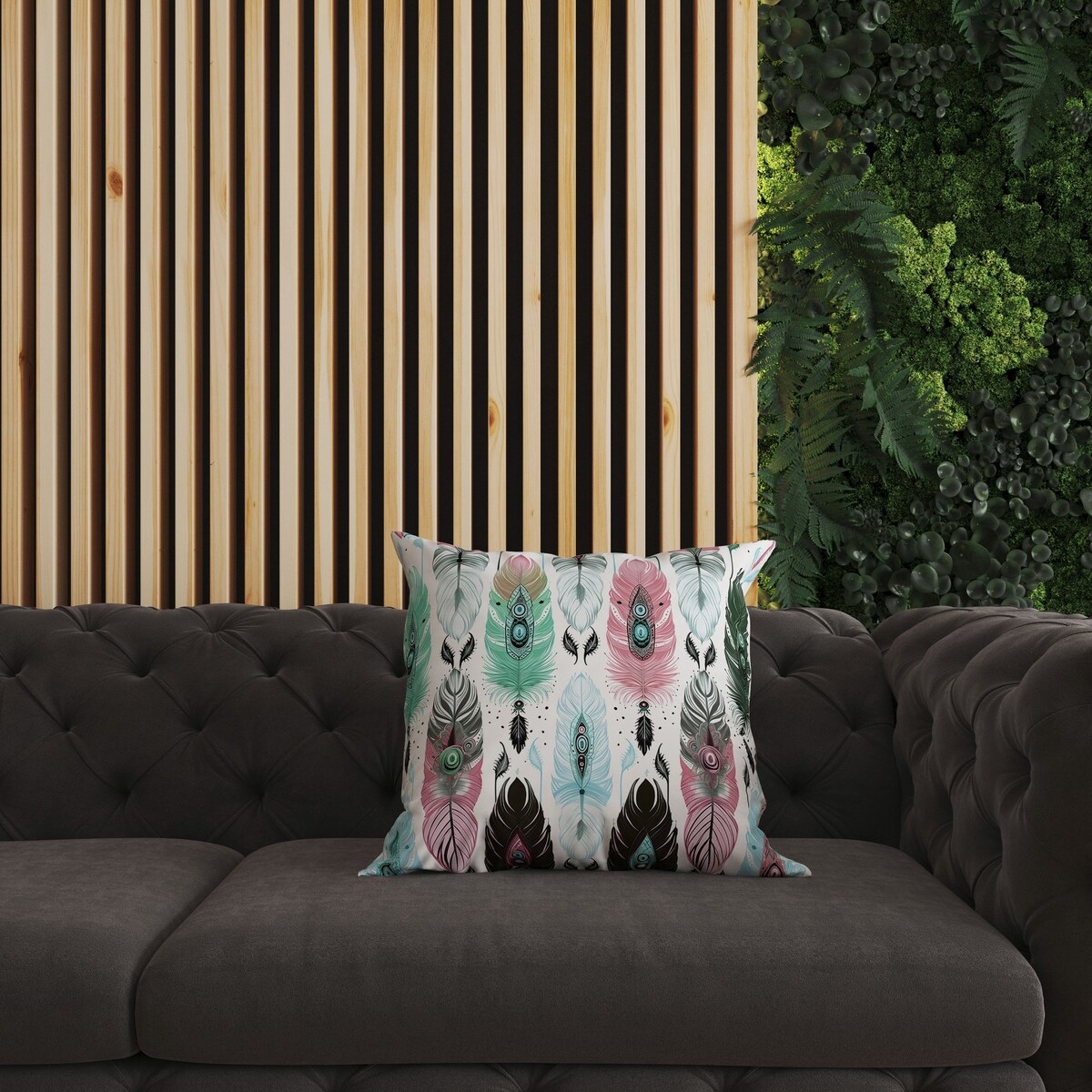 Pink And Green Feathered Treasure Faux Suede Throw Pillow