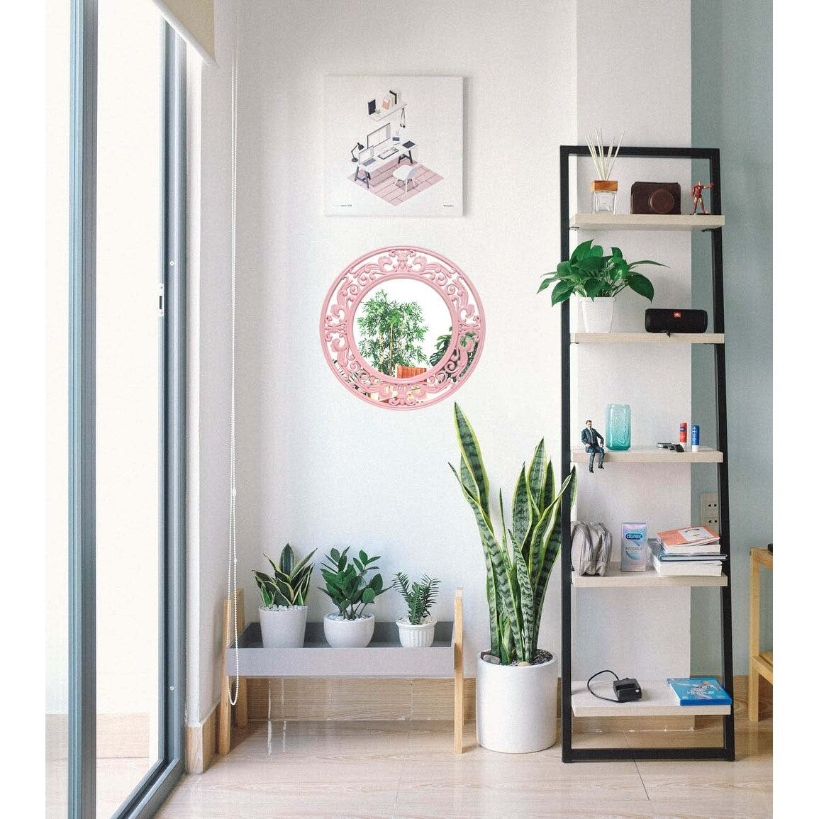 Traditional Pink 24 inch Decorative Round Pink Wall Mirror - 23.5 x 1 x 23.5