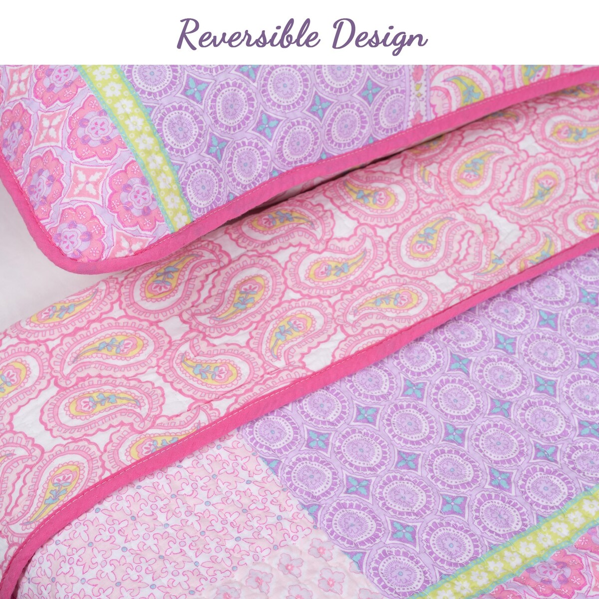 Pink Elephant Patch Cotton Pink Purple Paisley Quilt Bedding Set