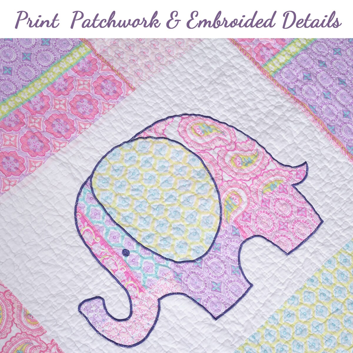 Pink Elephant Patch Cotton Pink Purple Paisley Quilt Bedding Set