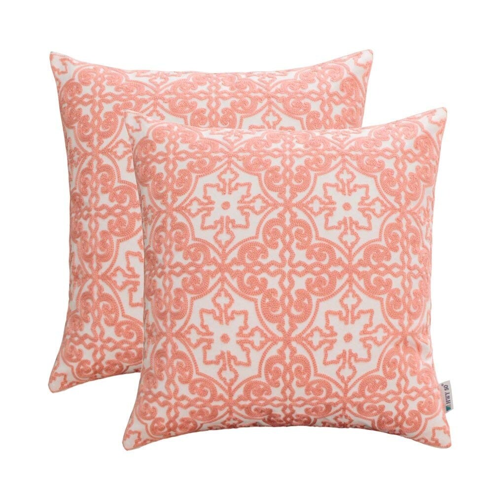 Pink Embroidered Throw Pillows Covers For Couch Sofa Bed 18 x 18 inch