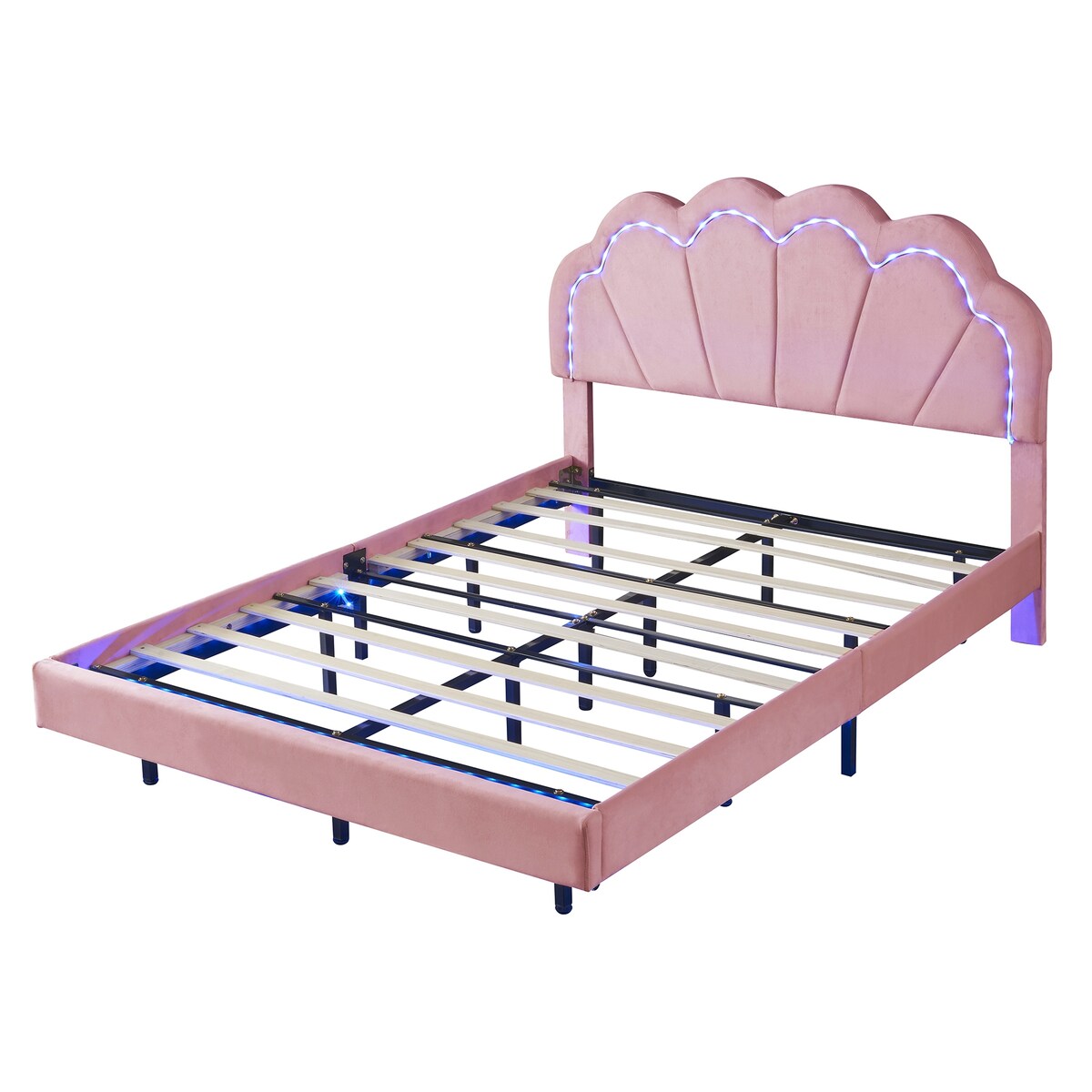 Pink Full Velvet Floating Smart Led Bed Frame: Remote Led