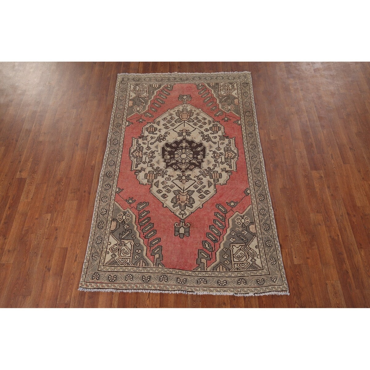 Pink Geometric Hamedan Persian Vintage Rug Hand-Knotted Wool Carpet - 4'1" x 6'6"