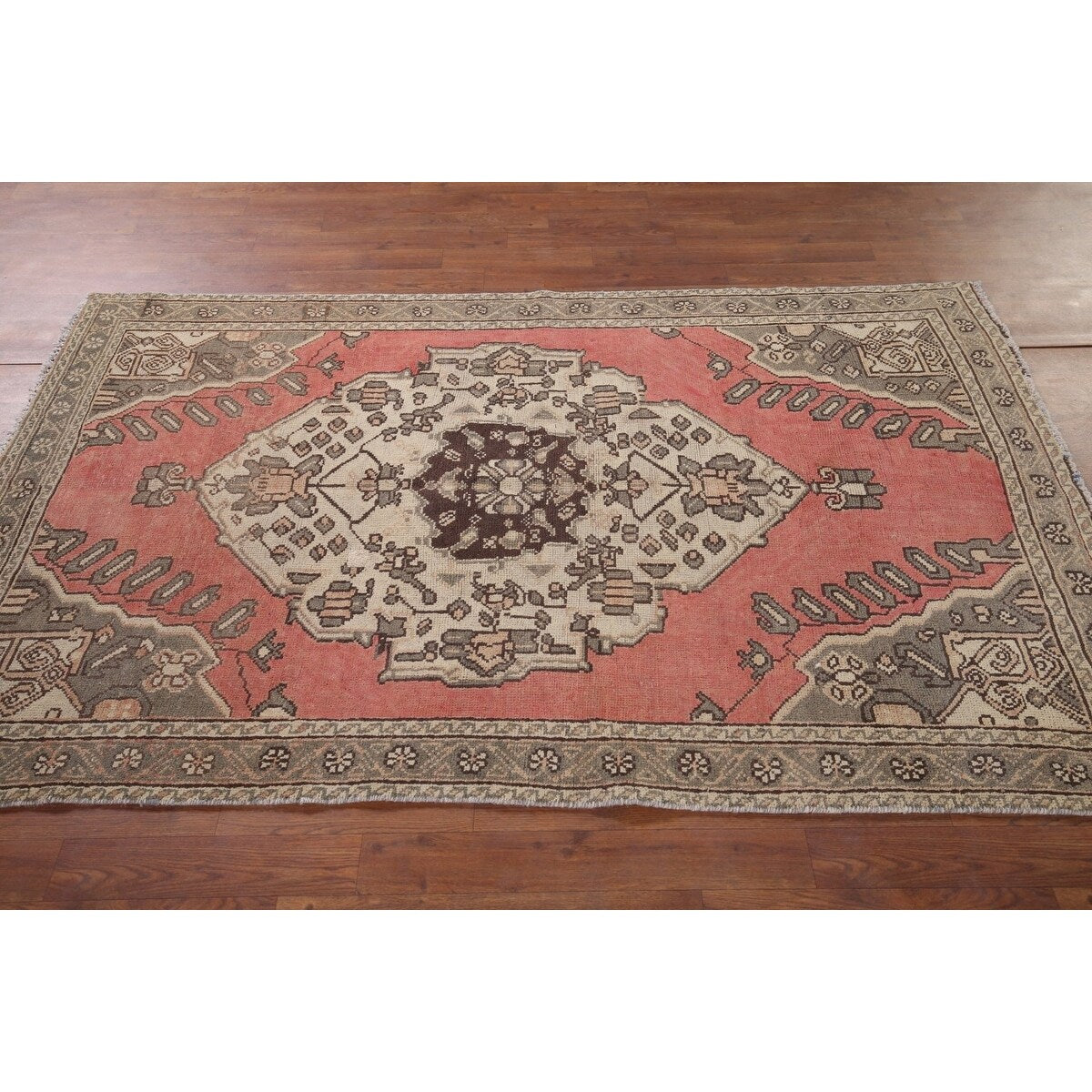 Pink Geometric Hamedan Persian Vintage Rug Hand-Knotted Wool Carpet - 4'1" x 6'6"