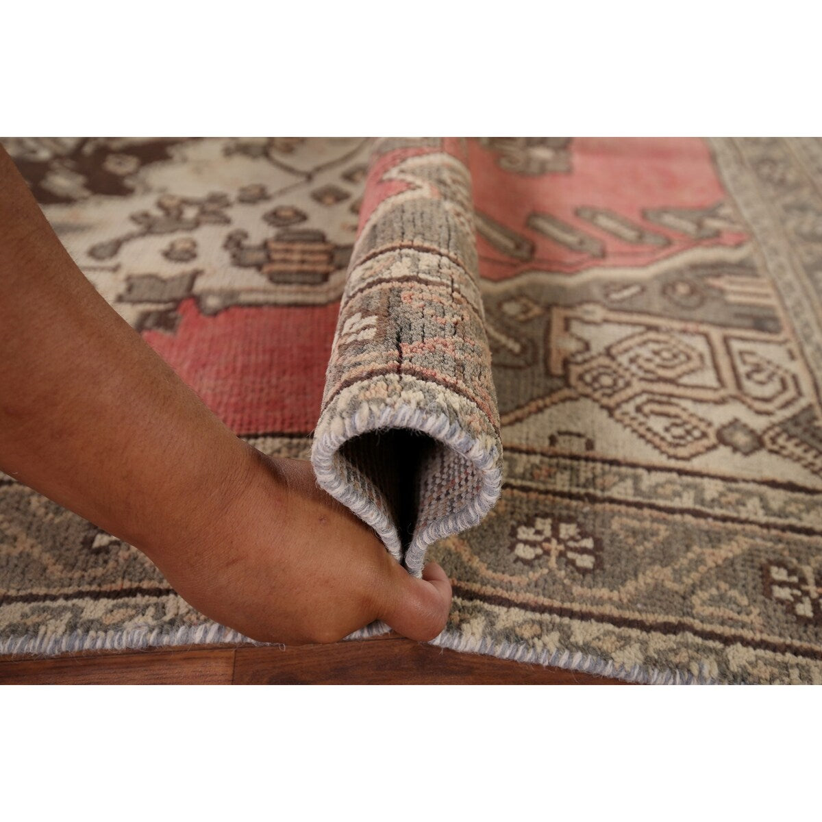 Pink Geometric Hamedan Persian Vintage Rug Hand-Knotted Wool Carpet - 4'1" x 6'6"