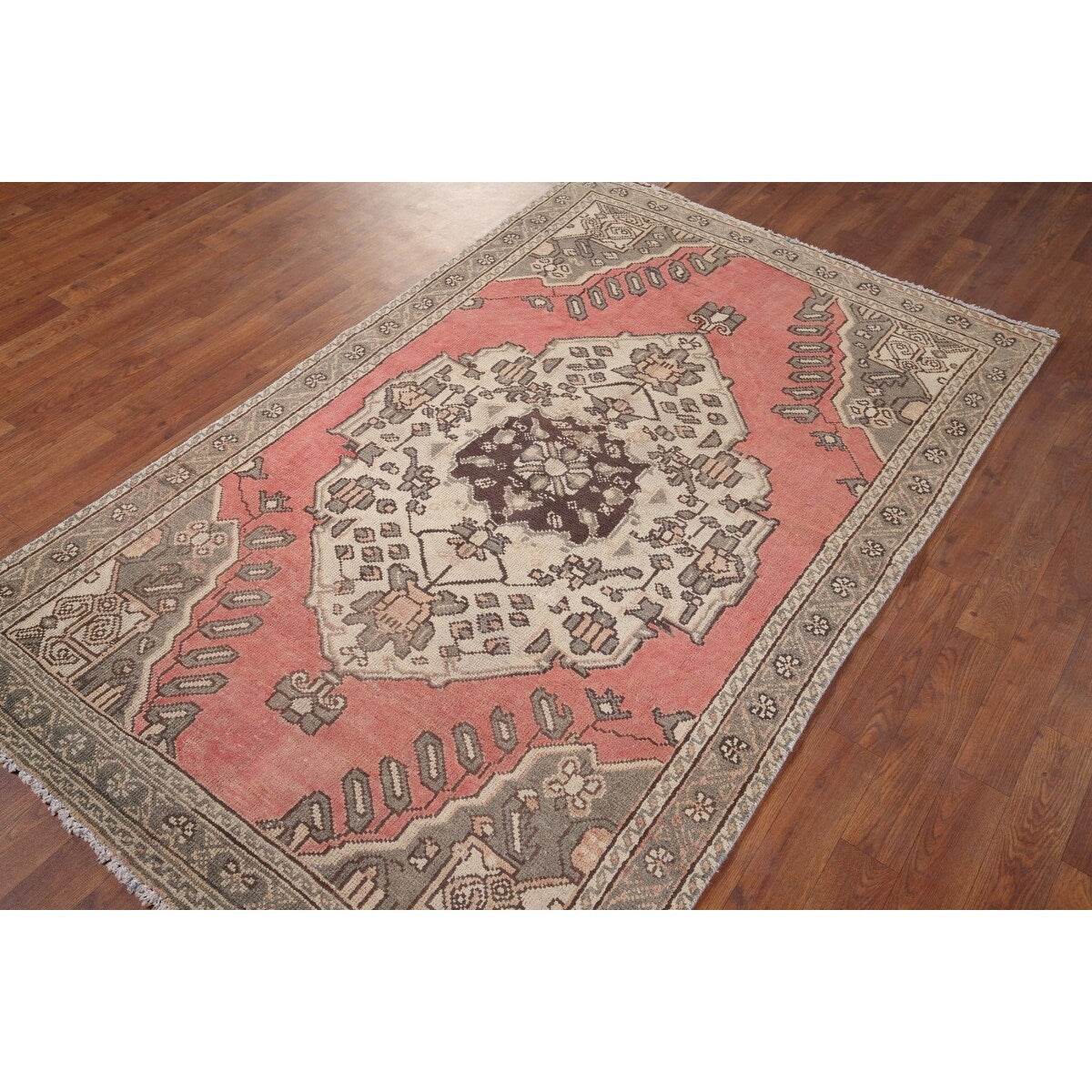 Pink Geometric Hamedan Persian Vintage Rug Hand-Knotted Wool Carpet - 4'1" x 6'6"