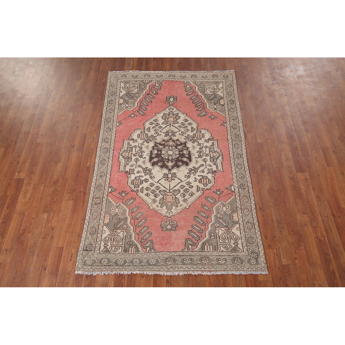 Pink Geometric Hamedan Persian Vintage Rug Hand-Knotted Wool Carpet - 4'1" x 6'6"