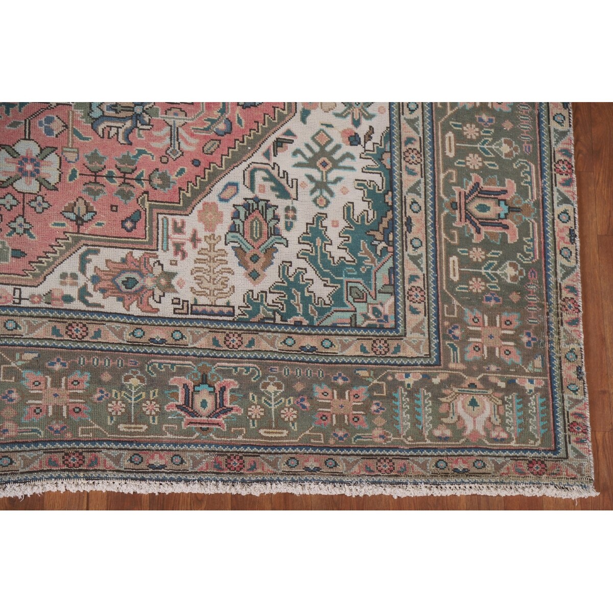 Pink Geometric Tabriz Persian Vintage Area Rug Handmade Wool Carpet - 9'7" x 12'3"