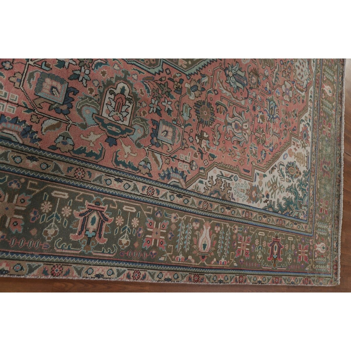 Pink Geometric Tabriz Persian Vintage Area Rug Handmade Wool Carpet - 9'7" x 12'3"