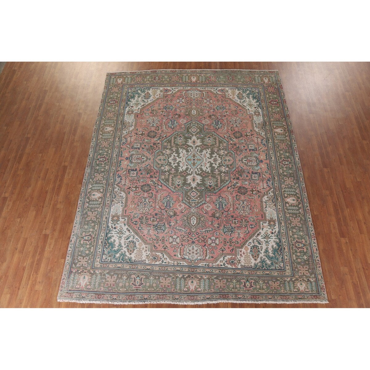 Pink Geometric Tabriz Persian Vintage Area Rug Handmade Wool Carpet - 9'7" x 12'3"