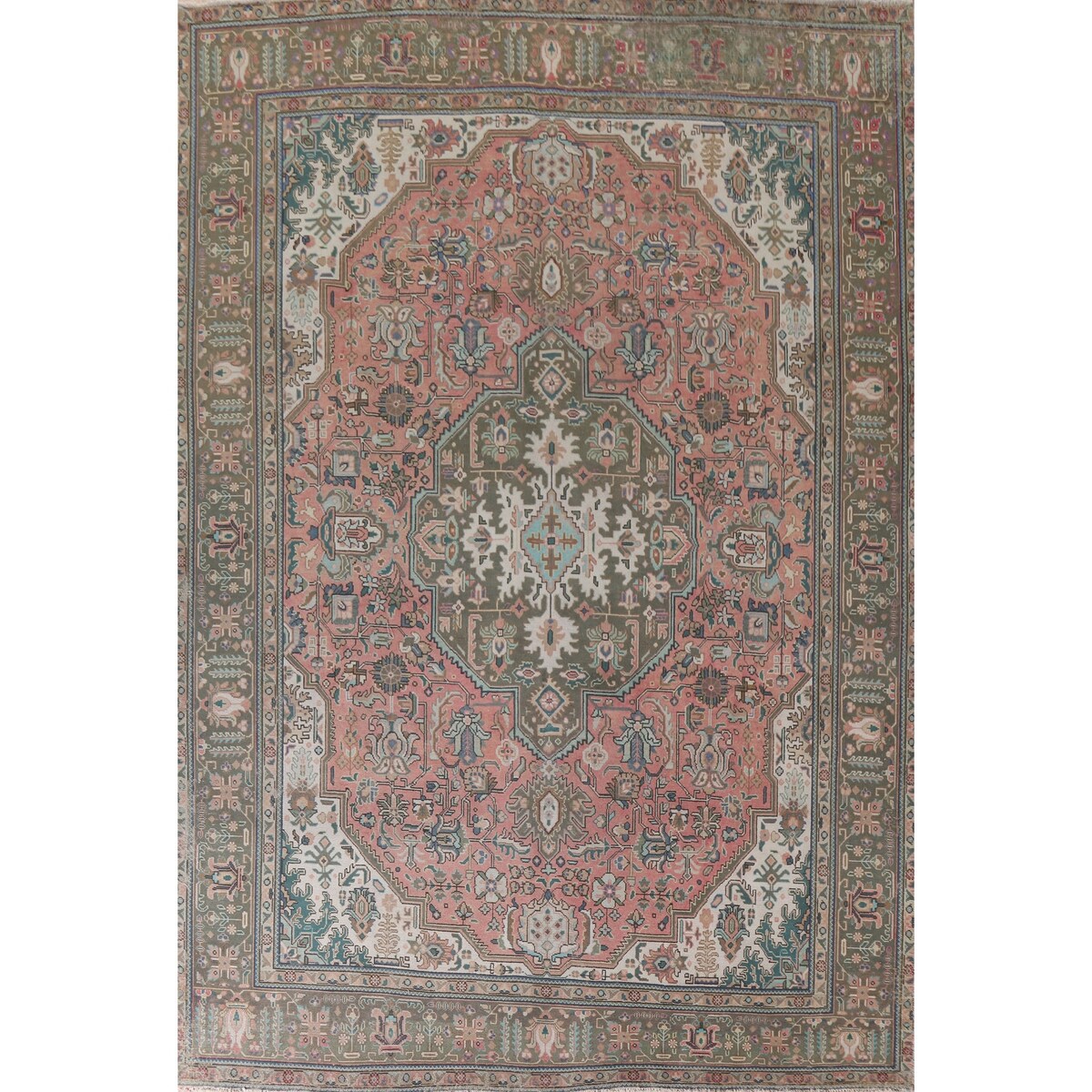 Pink Geometric Tabriz Persian Vintage Area Rug Handmade Wool Carpet - 9'7" x 12'3"