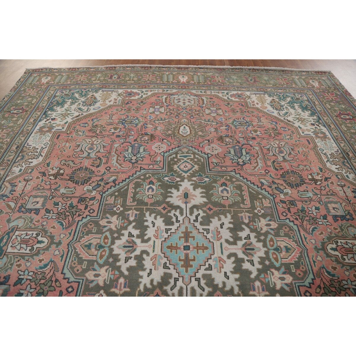 Pink Geometric Tabriz Persian Vintage Area Rug Handmade Wool Carpet - 9'7" x 12'3"