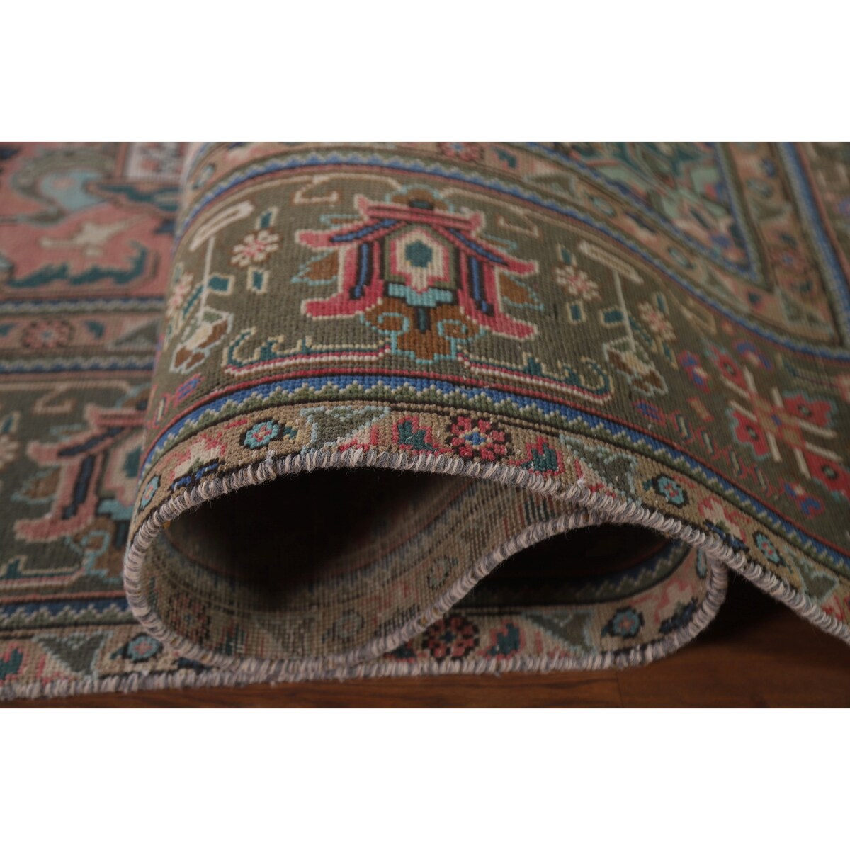 Pink Geometric Tabriz Persian Vintage Area Rug Handmade Wool Carpet - 9'7" x 12'3"