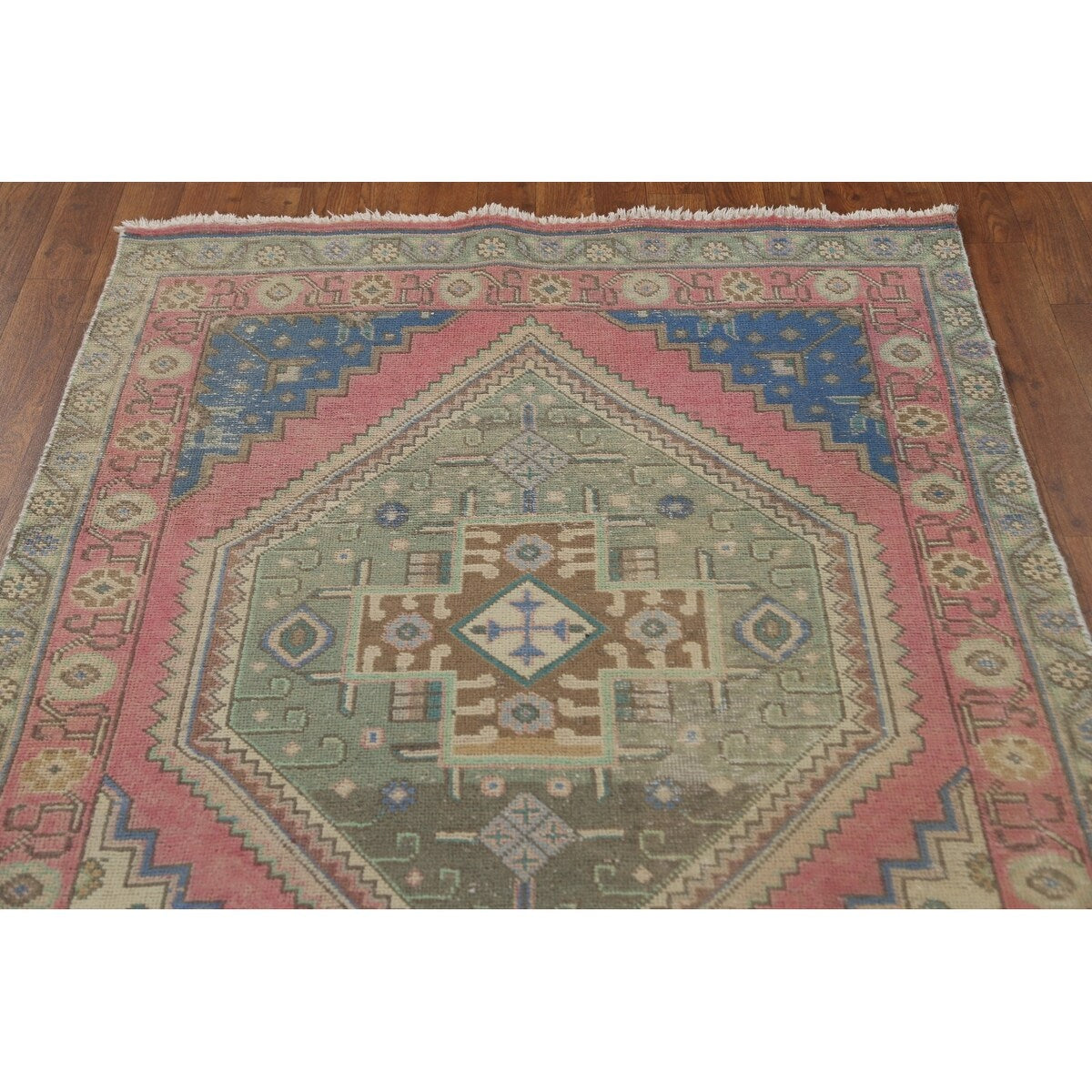 Pink Geometric Tabriz Persian Vintage Runner Rug Handmade Wool Carpet - 3'8" x 12'6"