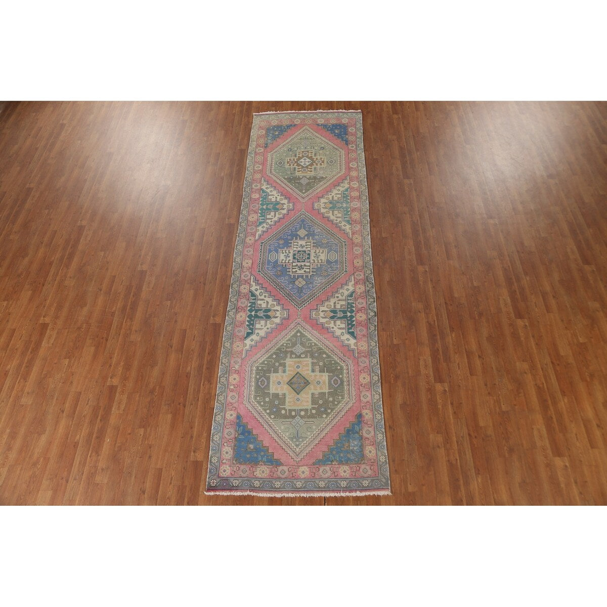 Pink Geometric Tabriz Persian Vintage Runner Rug Handmade Wool Carpet - 3'8" x 12'6"
