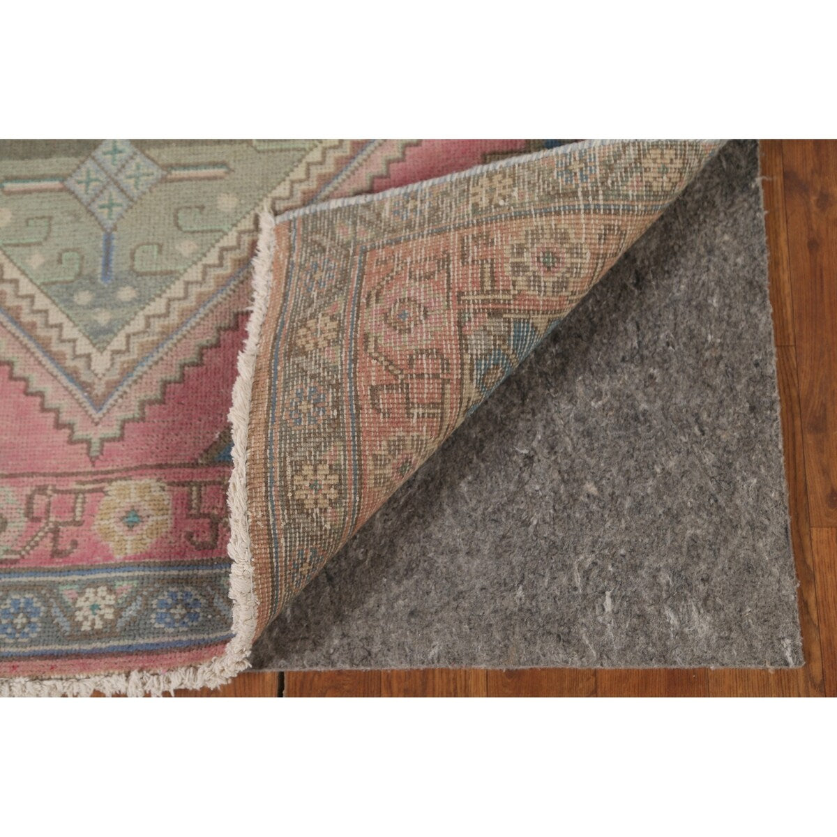 Pink Geometric Tabriz Persian Vintage Runner Rug Handmade Wool Carpet - 3'8" x 12'6"