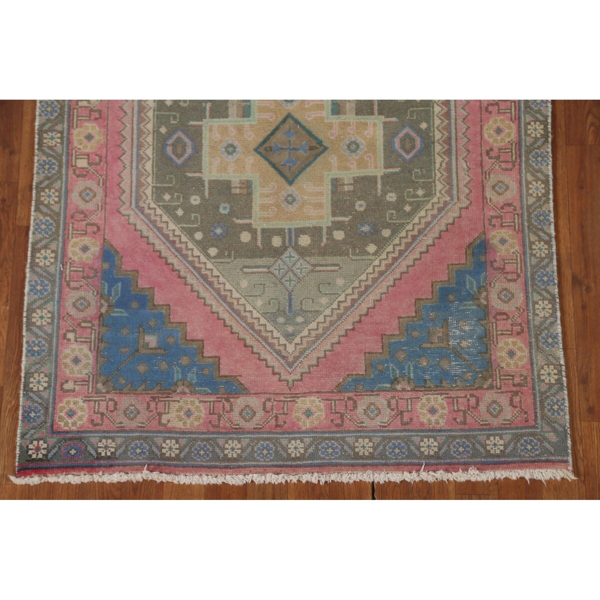 Pink Geometric Tabriz Persian Vintage Runner Rug Handmade Wool Carpet - 3'8" x 12'6"