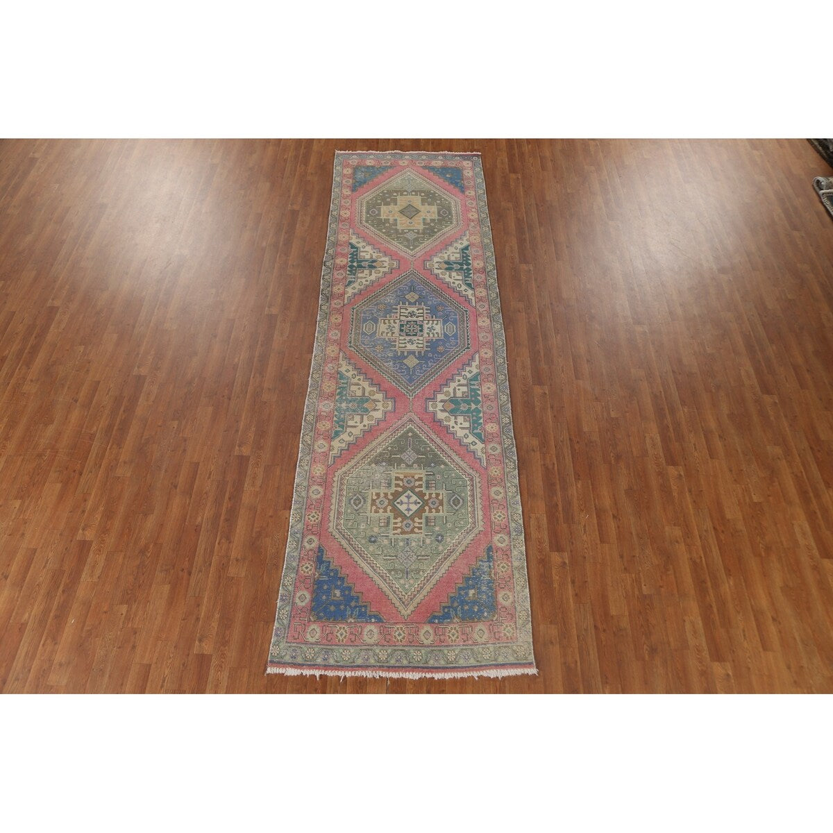 Pink Geometric Tabriz Persian Vintage Runner Rug Handmade Wool Carpet - 3'8" x 12'6"