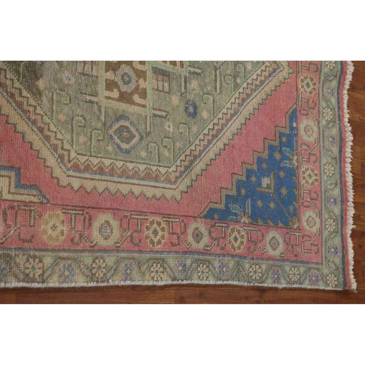 Pink Geometric Tabriz Persian Vintage Runner Rug Handmade Wool Carpet - 3'8" x 12'6"
