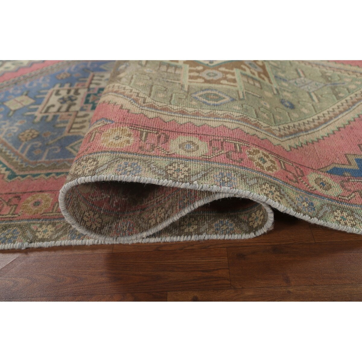Pink Geometric Tabriz Persian Vintage Runner Rug Handmade Wool Carpet - 3'8" x 12'6"