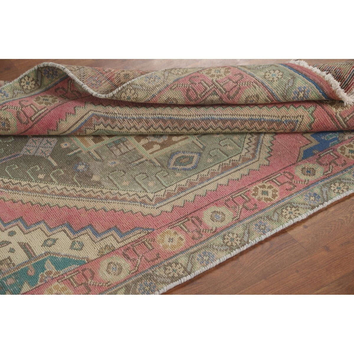 Pink Geometric Tabriz Persian Vintage Runner Rug Handmade Wool Carpet - 3'8" x 12'6"
