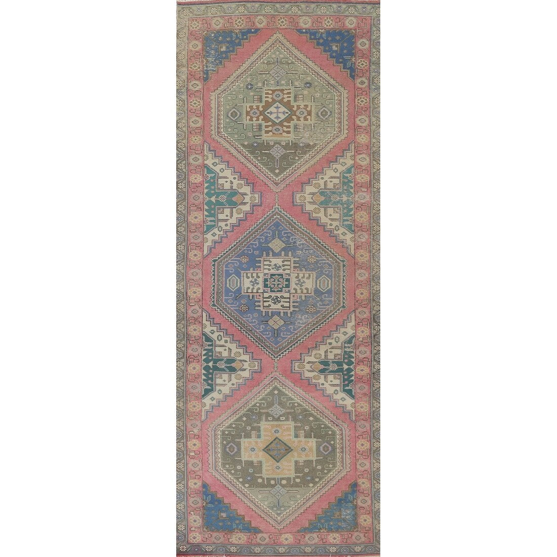 Pink Geometric Tabriz Persian Vintage Runner Rug Handmade Wool Carpet - 3'8" x 12'6"