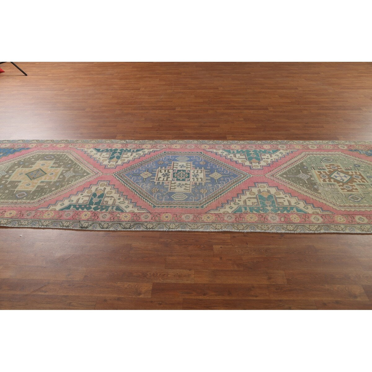 Pink Geometric Tabriz Persian Vintage Runner Rug Handmade Wool Carpet - 3'8" x 12'6"