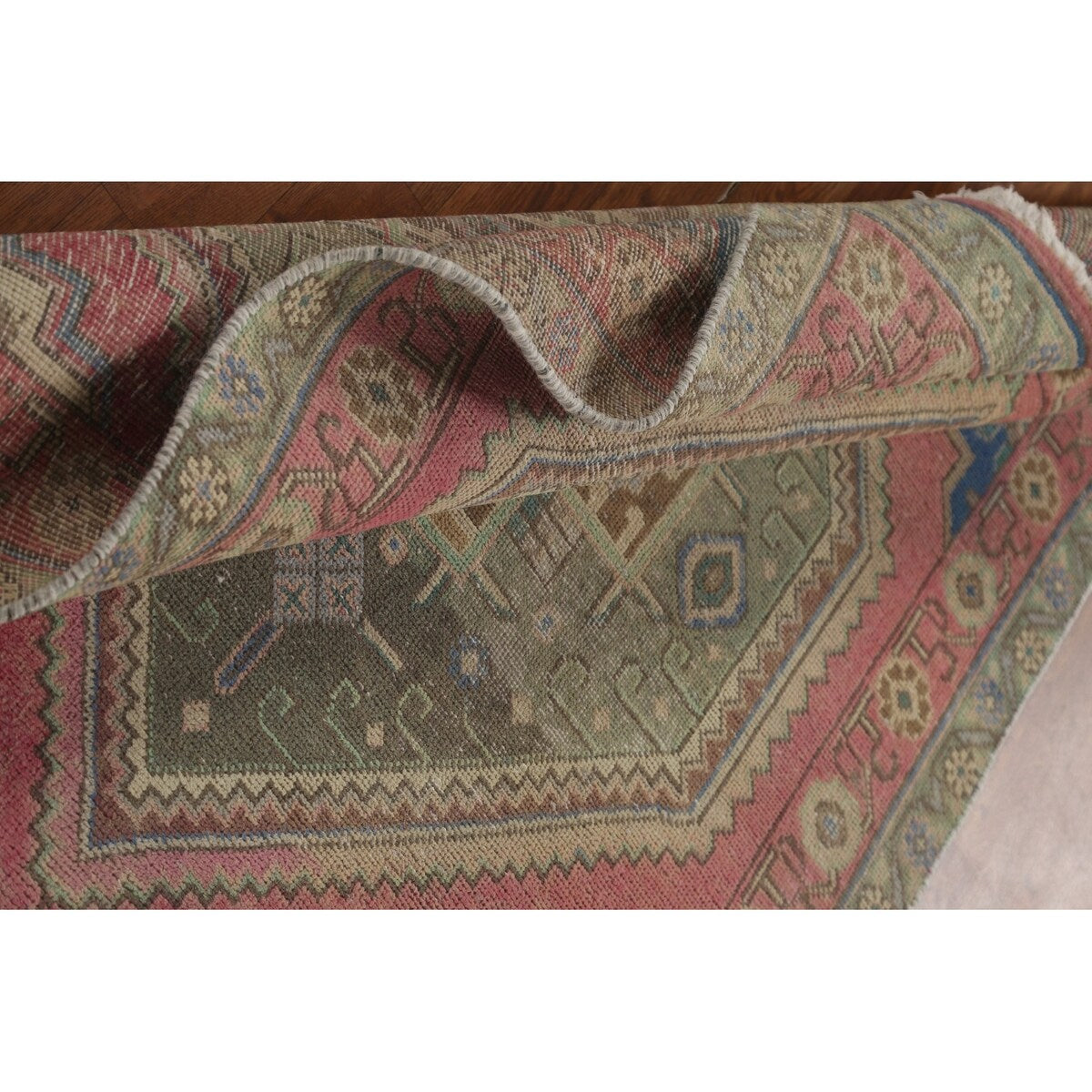 Pink Geometric Tabriz Persian Vintage Runner Rug Handmade Wool Carpet - 3'8" x 12'6"