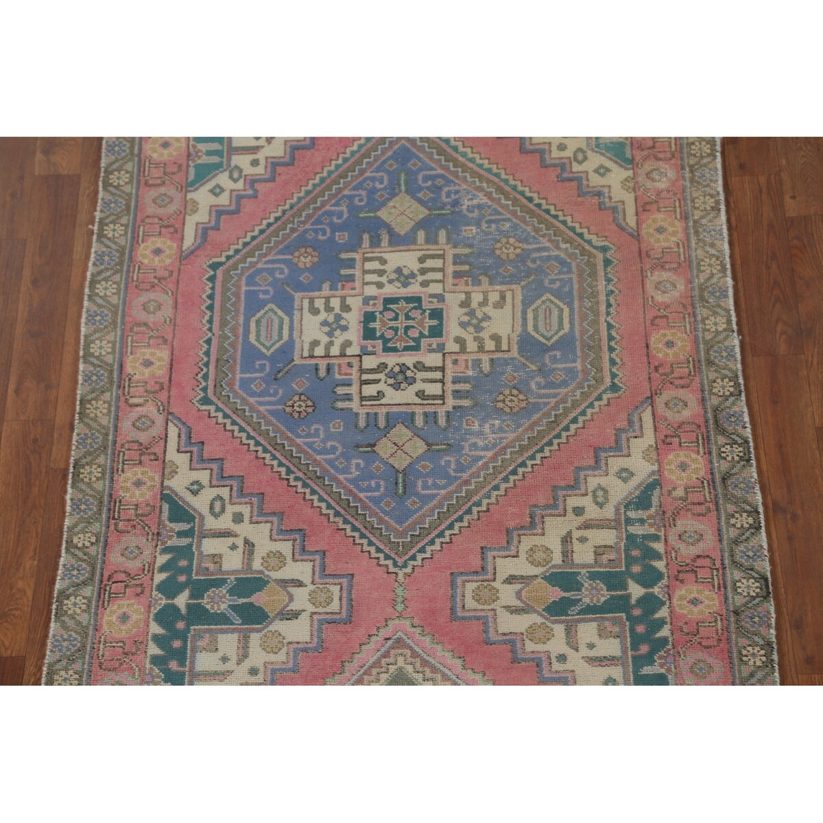 Pink Geometric Tabriz Persian Vintage Runner Rug Handmade Wool Carpet - 3'8" x 12'6"