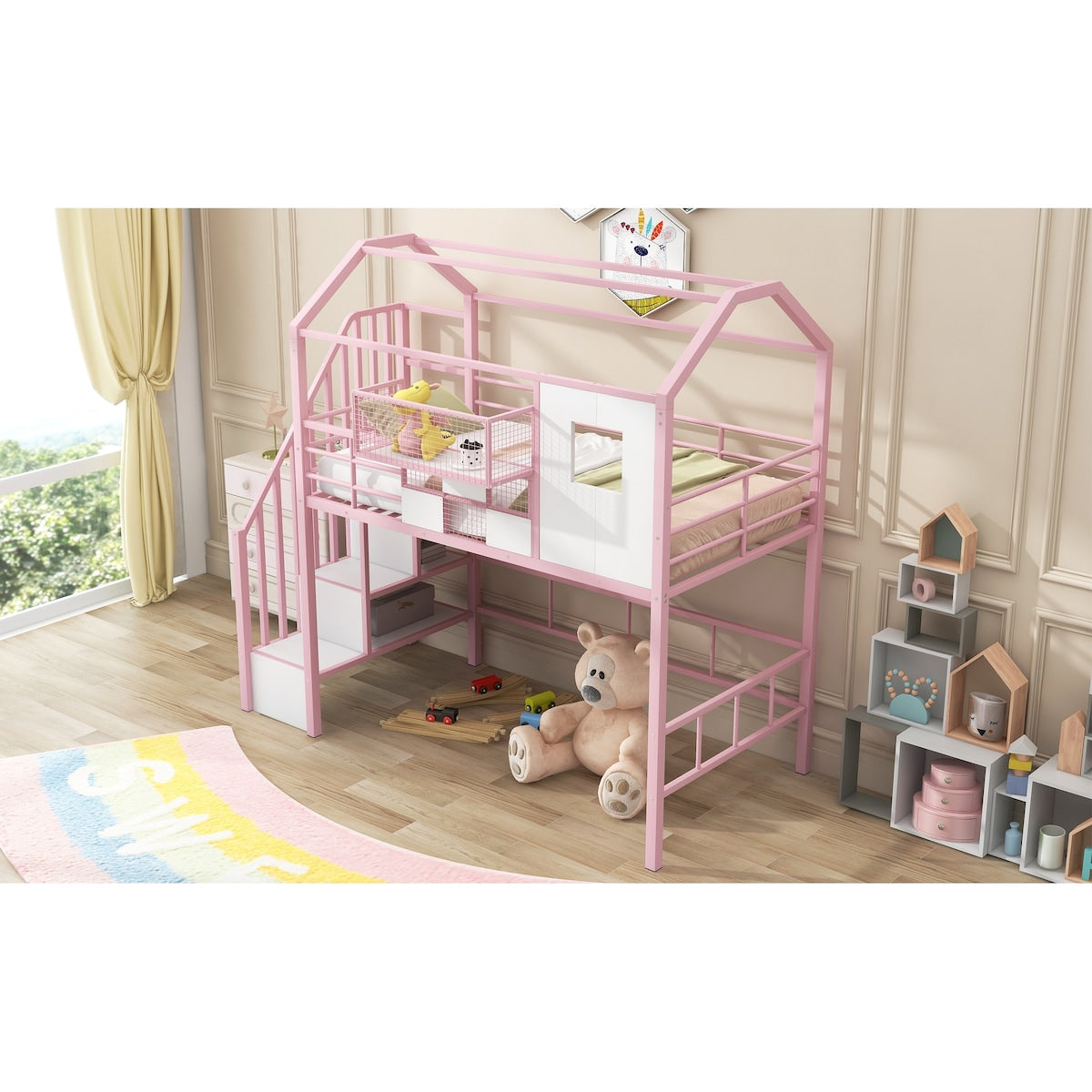 Pink Metal Loft Bed with Roof Design and Storage Box, Twin