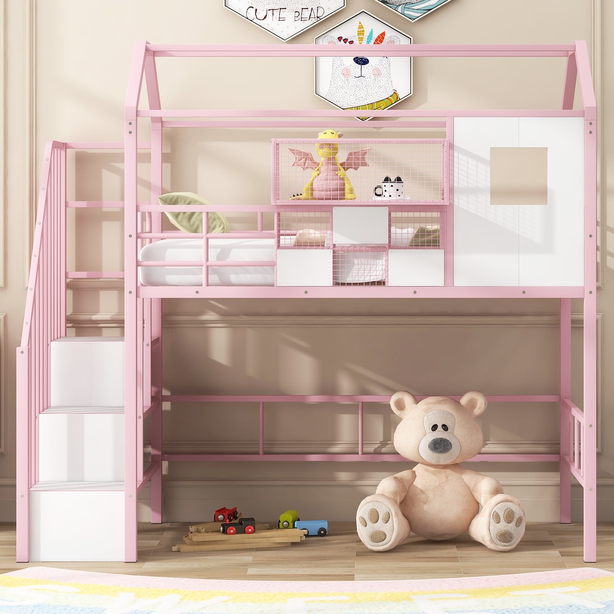 Pink Metal Loft Bed with Roof Design and Storage Box, Twin