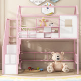 Pink Metal Loft Bed with Roof Design and Storage Box, Twin