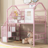 Pink Metal Loft Bed with Roof Design and Storage Box, Twin