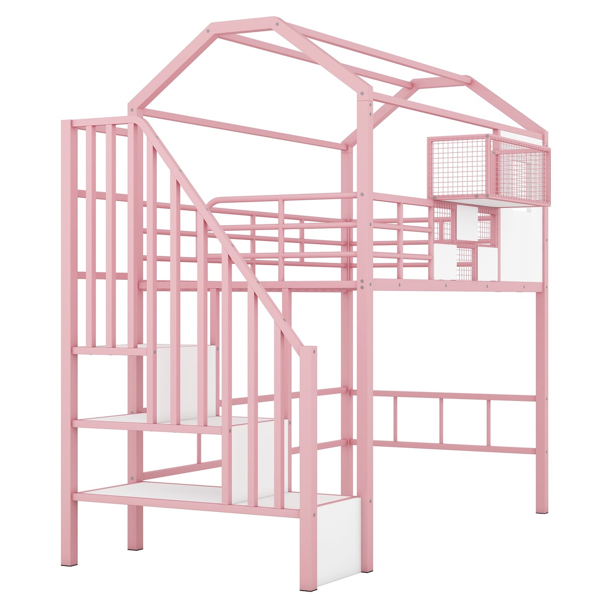 Pink Metal Loft Bed with Roof Design and Storage Box, Twin