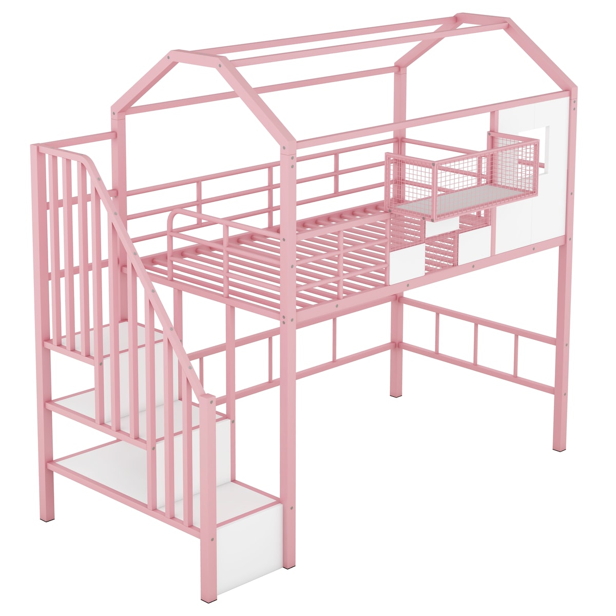 Pink Metal Loft Bed with Roof Design and Storage Box, Twin